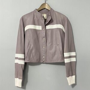 JKT‎ NYC Leather Jacket Womens XS Purple White Stripe Moto Racer Cropped Rib Hem